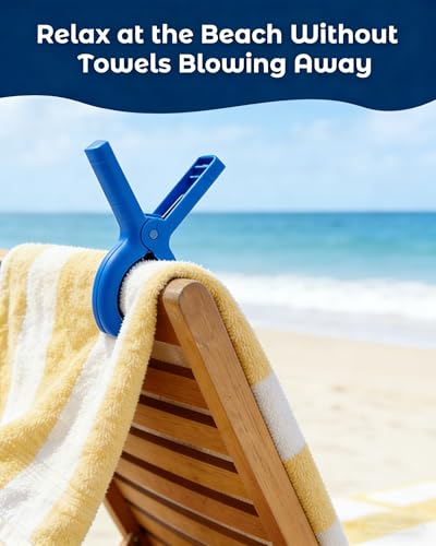 10 Pack Beach Towel Clips Heavy Duty Large Beach Essentials Chair Pool Clip | Deep Blue Clips with Strong Grip, Silicone Protection, Rust Resistant Spring, Multi-Use for Beach, Boat, Cruise & Outdoors - color: Deep Blue