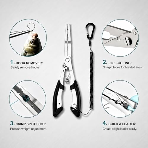 420 Stainless Steel Fishing Pliers, Multi-functional Fishing Tools Hook Remover Line Cutter Pliers, Lockable Handy Fishing Gear for Saltwater Freshwater, Gifts for Men