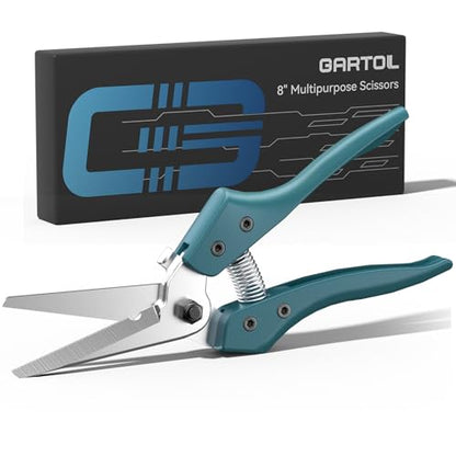 GARTOL 8" Scissors All Purpose Heavy Duty, Ultra sharp Tin Snips with Cable Notch, Finely Serrated Angled-Blades - Industrial Scissors for Carpet, Cardboard, Sheet Metal, Leather, Insulation, Wires - style: HC017