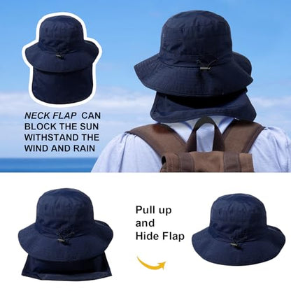 Waterproof Sun Rain Hat for Women Wide Brim UPF50+ UV Protection Packable Men Bucket Safari Fishing Hat with Neck Flap - color: Navy Blue