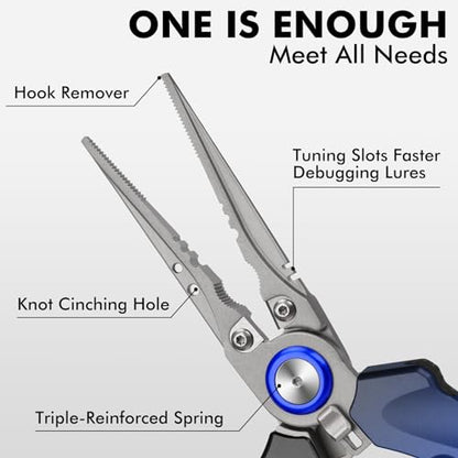 TRUSCEND Easy Use Lockable Fishing Pliers with Tungsten Carbide Cutter, Innovative Ergonomic Handy Handle, Saltwater Corrosion Resistant Teflon Coated Fishing Tool, Light Multi-Function Fishing Gear - color: C-straight Nose-blue