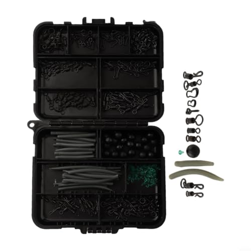 300Pcs Carp Fishing Tackle Box Kit with Clips Hooks Swivels Terminal Rigs Snaps, Plastic Organizer Case for Bass Trout Rock Fishing, Black