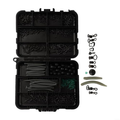 300Pcs Carp Fishing Tackle Box Kit with Clips Hooks Swivels Terminal Rigs Snaps, Plastic Organizer Case for Bass Trout Rock Fishing, Black