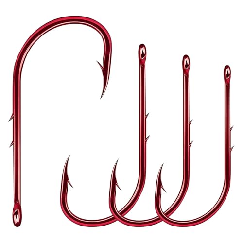 FishTrip Baitholder Hooks Fishing Offset- 100Pcs Bait Holder Fish Hook Red | Double Barbed, High Carbon Steel, Closed Eye Long Shank Live Bait Fish Hooks for Bluegill Bass Trout Walleye Catfish #10-4/0 - size: 2#_100pcs