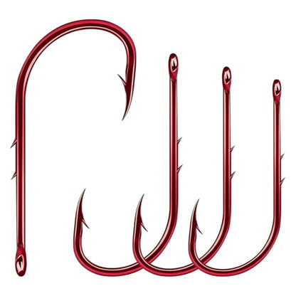 FishTrip Baitholder Hooks Fishing Offset- 100Pcs Bait Holder Fish Hook Red | Double Barbed, High Carbon Steel, Closed Eye Long Shank Live Bait Fish Hooks for Bluegill Bass Trout Walleye Catfish #10-4/0 - size: 3/0#_100pcs