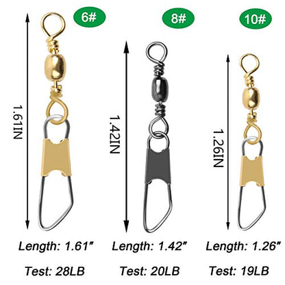 AGOOL Barrel Swivel Snap Kit - 50pcs Barrel Swivels with Safety Snaps High Strength Fishing Quick Connect Snap Swivels with Solid Ring Fishing Tackle Accessories Box Kit Size 4#,6#,8#,10#,12#,14# - color: 50pcs-black&gold