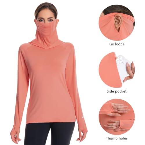 BASSDASH Women’s UPF 50+ Hoodie Shirt with Breathable Face Mask - color: Peach Amber, size: Medium
