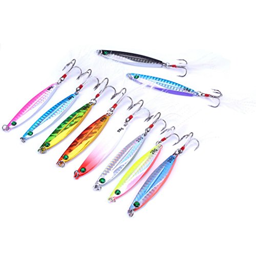 Aorace 10pcs Hard Metal Jigs Diving Sea Fishing Lures Minnow Popper Baits Tackle Crankbait Saltwater Freshwater Lures with Feather - color: 10pcs 7.7cm/28g