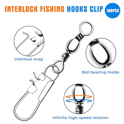 100 PCS Fishing Swivels Snap,Stainless Steel Swivel Fishing Line Connector,Interlock Fishing Hooks Clip,Barrel Snap Swivels for Freshwater and Saltwater Fishing - size: #2-57 lb-100PCS