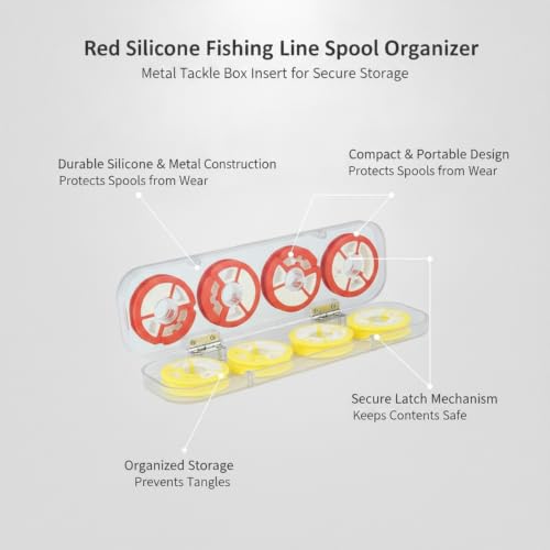 Red Silicone Fishing Line Spool Organizer, Metal Tackle Box Insert for Secure Storage, 8.27 x 2.36 x 0.98 Inches