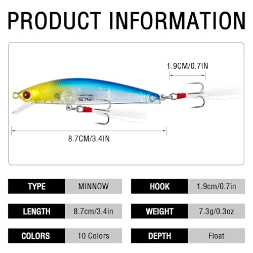 10Pcs Fishing Lures Minnow Bass Lure Jerkbait Topwater Hard Baits with Double Treble Hooks Flasher Feathers for Bass Trout Walleye Redfish Saltwater Freshwater 3.4in/0.3oz