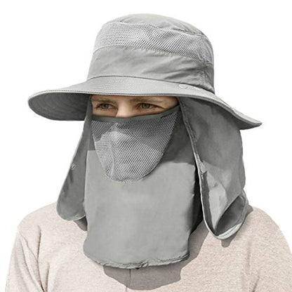 IYEBRAO Mens Outdoor Sun Hat with Face Neck Flap UV Protection Wide Brim Fishing Hat for Hiking Safari Gardening UPF 50+ - color: Light Gray