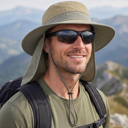 Connectyle Wide Brim Sun Hat for Men Women UPF 50+ Breathable Fishing Hat with Neck Flap Outdoor Hiking Safari Bucket Hats - color: Light Khaki Green