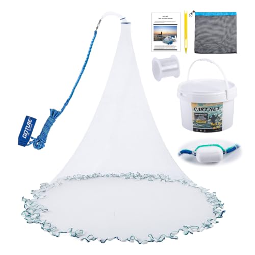 Goture American Fishing Cast Net Saltwater Freshwater,3/8in Mesh Size Casting Net for Bait Fish Shrimp Trap,Heavy Duty Plastic Coated Iron Protected White Sinker,Throw Cast Net with Needle - color: A1:Cast Net with Net Repair Kit, size: 10FT Radius