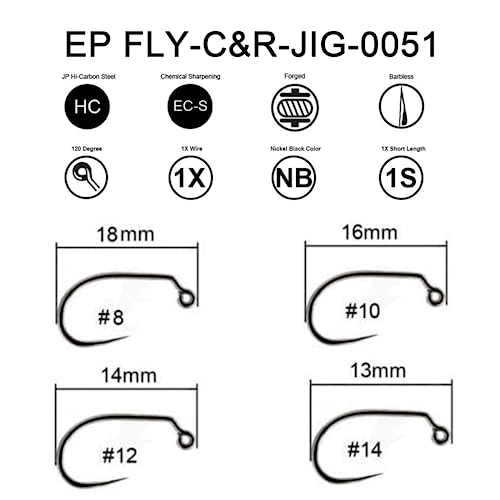 Eupheng Fly Fishing Hooks 100pc Pack Barbless Catch & Release Dry Wet Nymph Shrimp&Pupa, Streamer, Caddis, Jig, Scud Flies Fishing Hooks - color: EP Fly-C&R-JIG-0051, size: #12