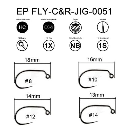 Eupheng Fly Fishing Hooks 100pc Pack Barbless Catch & Release Dry Wet Nymph Shrimp&Pupa, Streamer, Caddis, Jig, Scud Flies Fishing Hooks - color: EP Fly-C&R-JIG-0051, size: #12
