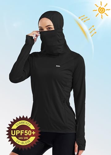 Willit Women's UPF 50+ Sun Protection Hoodie - Breathable Mesh Face Cover & Cooling Fishing Shirt with Pockets - color: Black, size: Small