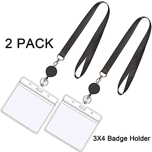 2Pcs Black Lanyards with Horizontal ID Badge Holder 4x3,Retractable Reel | Flat Neck Lanyard with Metal Hook,for Office Supplies - color: Black Lanyard With Badge Holder 3x4 Horizontal