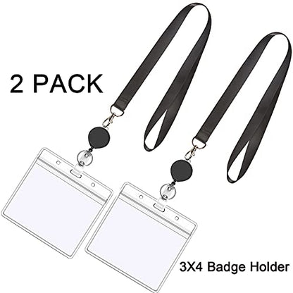 2Pcs Black Lanyards with Horizontal ID Badge Holder 4x3,Retractable Reel | Flat Neck Lanyard with Metal Hook,for Office Supplies - color: Black Lanyard With Badge Holder 3x4 Horizontal