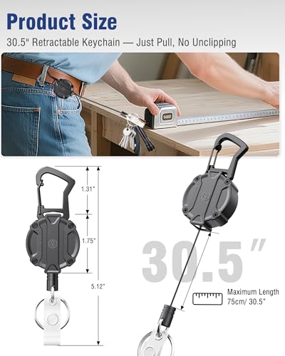 Autonomier 2Pack Heavy Duty Retractable Keychain, Unbreakable Embedded Body with 30.5" Dyneema Cord, Tactical ID Badge Holder Reel Carabiner Clip with Secure Magnetic Closure for Men, Holds 25oz - size: 2 Pack