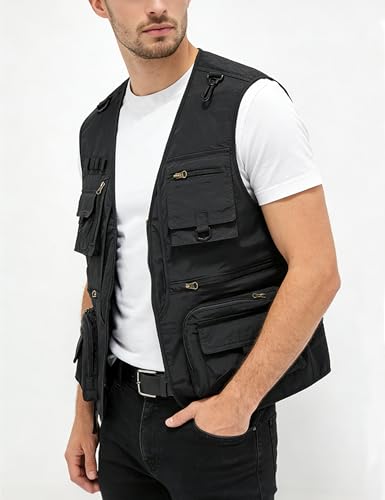 Men's Lightweight Mesh Fishing Vest Utility Outdoor Multi-Pocket Hunting Cargo Vest - color: Black, size: XX-Large