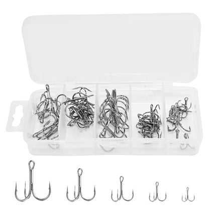 Fishing Hooks Treble Hooks Kit 50pcs Size#2#4#6#8#10 | High Carbon Steel, Strong Sharp Round Bend, For Catfish Trout, Hard Baits Lures, Saltwater Freshwater