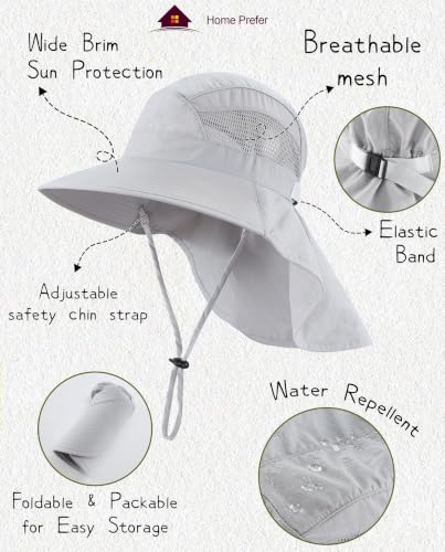 Home Prefer UPF50 Wide Brim Kids Sun Hat Neck Flap Boys Girls Sun Protection Hat for Beach Fishing - color: Light Grey, size: 4-8 Years