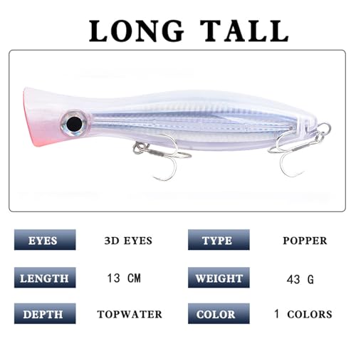 Popper Fishing Lure, JAZALIC 1 PCS Topwater Popper Lures 3D Eyes Fishing Accessories for Saltwater Surface Casting and Freshwater Gt Tuna Kingfish Large Predator Fish (6.3in, 2.82Oz) - color: Pink&White