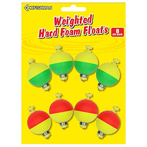 XFISHMAN Weighted-Bobbers-for-Fishing-Floats-Bouy Slip Bobber Fishing Corks Kit Crappie Bluegills Panfish Catfish Hand Made Foam Float 1 Inch 2 in 8-12 Pack - color: Round 8 Pack, size: 1-1/4"