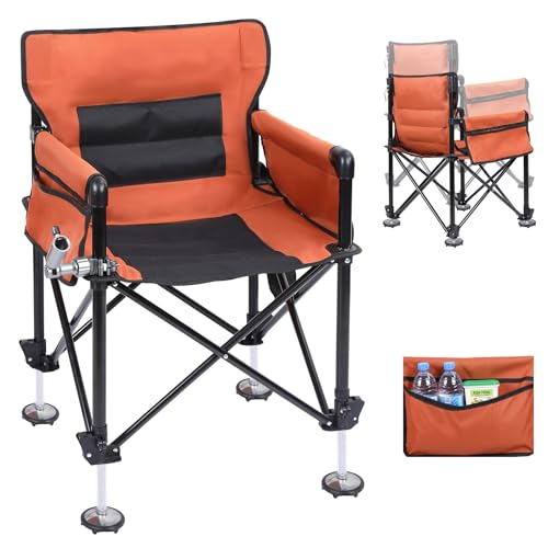 Heavy Duty Folding Fishing Chair 220LBS Load Capacity, Portable Compact Camping Chair with 1 Detachable Rod Holders, Adjustable Legs, Storage Bags & Non-Slip Feet for Outdoor Fishing Beach - color: Orange