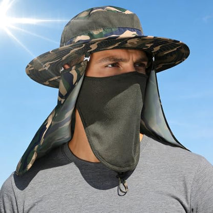 4 Pack Sun Hats for Men Women UPF 50+ Wide Brim Fishing Bucket Hat Summer Outdoor UV Protection Adjustable Neck Flap - color: Camouflage Green, Camouflage Blue, Gray, Blue