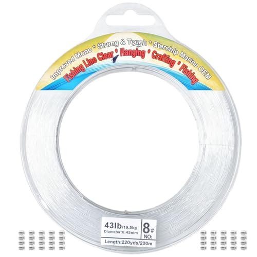 Aboda Clear Fishing Line 0.2-1 mm, Strong Invisible Nylon Fishing Wire 8-100 lb Test Includes Crimp Sleeves, Clear String for Hanging Decorations Balloons Garlands Beading Crafts & Jewelry - size: 0.45mm, 656ft, 43lb