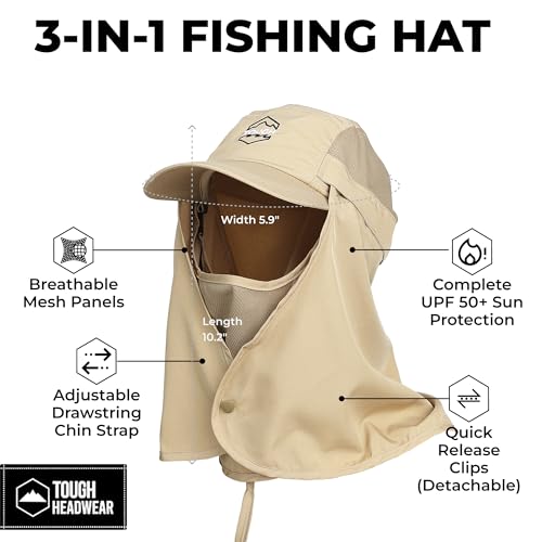 Tough Headwear Fishing Cap w/Face Mask & Neck Flap - Sun Protection Hat with UPF 50 -Landscaping Hats for Women and Men - color: Khaki