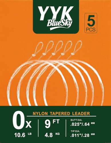YYKBlueSky 9FT Clear Nylon Tapered Leader, Multiple Sizes 0X-7X (0X 1X 2X 3X 4X 5X 6X 7X) Optional, 5PCS Each for Freshwater Fly Fishing Line - size: 0X