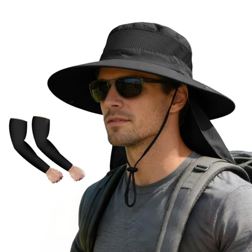 ZOORON Sun Hats for Men Women Fishing Hat with Neck Flap,UPF 50+ Sun Hat Waterproof Wide Brim Bucket Hats for Safari Hiking - color: 1-black-arm Sleeves