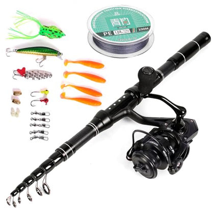 Telescopic Fishing Rod and Reel Combo, Carbon Fiber Collapsible Travel Fishing Pole Kit with Carrier Case & Lures, Anti-Jam Gear for Adults Men Beginners, Freshwater, Saltwater - size: 7.5 ft