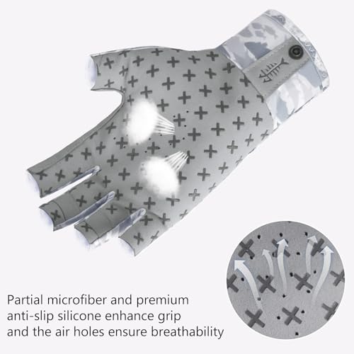 BASSDASH 3/4 Finger UPF 50+ Sun Gloves Breathable Anti-Slip Silicone Palm for Men Women Fishing Fingerless Cycling Running - color: Grey Fishes, size: X-Large