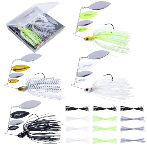 Goture Spinner Baits, Hard Metal Spinnerbaits Kit with 4 Spinner Blades, Spare Skirts Replacement, Buzzbait Spinnerbaits Fishing Lures for Bass Trout Pike Salmon Walleye Freshwater Saltwater - color: B1:4pcs(White&Gold&Fluorescent Green&Black), size: 10g