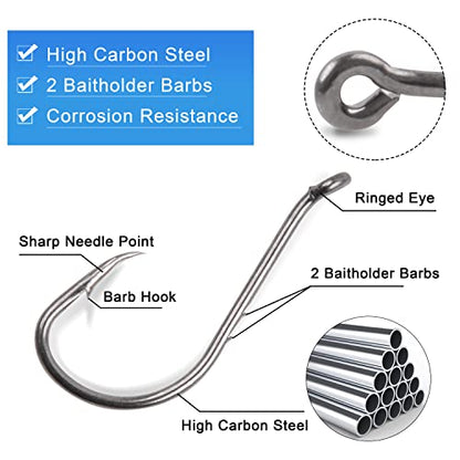Octopus Baitholder Fishing Hooks Kit,130pcs Offset Octopus Circle Hooks Set Catfish J Hooks High Carbon Steel Barbed Jig Fishhooks for Freshwater Saltwater Size 1/0-5/0