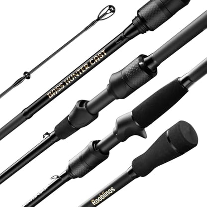 ROOBLINOS BASS Hunter 6.9ft Casting Spinning Freshwater Saltwater Rod Heavy Power Fast Action Fishing Pole 2-Piece Black Lightweight Sensitive Graphite Rod for Bass & Pike Lake River Boat Fishing