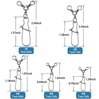 SILANON Fishing 3 Way Swivel Snaps Stainless Steel Cross Line Duo Lock Snap Swivels Saltwater Barrel Triple Swivels Fishing Tackle Connector for Catfish Trolling Surf Rig 26-83LB - size: 8#-35pcs