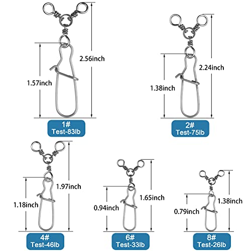 SILANON Fishing 3 Way Swivel Snaps Stainless Steel Cross Line Duo Lock Snap Swivels Saltwater Barrel Triple Swivels Fishing Tackle Connector for Catfish Trolling Surf Rig 26-83LB - size: 4#-35pcs