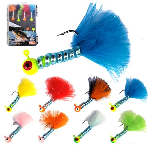 HADORAM Fishing Jigs Hooks Kit Swimbait Heads Crappie jig Hand-Tied Marabou Feather Freshwater and Saltwater with 3D Eye Ball Feather Ice | Fly Lures for Salmon Trout Bass Panfish