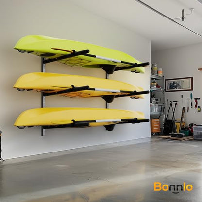 Bonnlo Kayak Storage Rack, Adjustable Heavy Duty Kayak Rack for Kayaks Paddle Boards, Kayak Paddle Holder for Garage, Spacesaver, Gentle on Padding, Boat Organizer - style: 3 Kayaks, Wall Mount