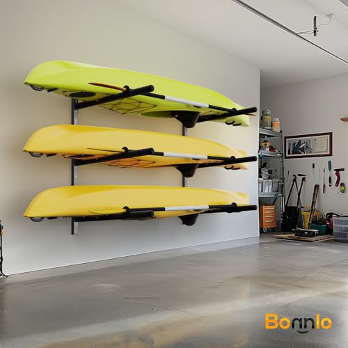 Bonnlo Kayak Storage Rack, Adjustable Heavy Duty Kayak Rack for Kayaks Paddle Boards, Kayak Paddle Holder for Garage, Spacesaver, Gentle on Padding, Boat Organizer - style: 3 Kayaks, Wall Mount