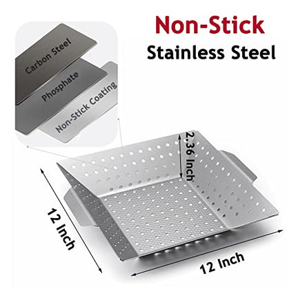 12 Inch Square Grill Basket, Stainless Steel BBQ Basket with Non-Stick Coating, Heat-Resistant Handle for Vegetables, Fish, Shrimp - Fits Gas/Charcoal/Electric Grills (Silver) - style: Grill Basket