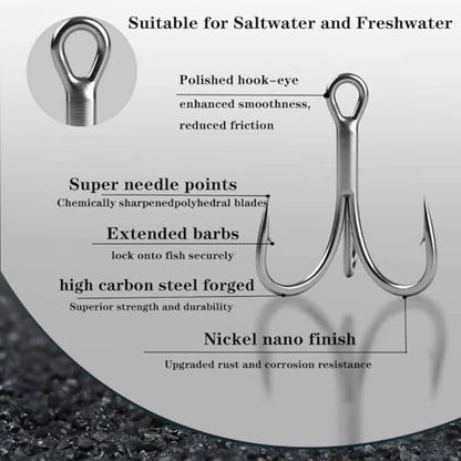 50pcs High Carbon Steel Fishing Treble Hooks - Super Sharp Solid Triple Barbed 3X Strong Professional V Design, Size 4/6/8/10/12/14, Saltwater and Freshwater Replacement Hooks - size: 3x-8#