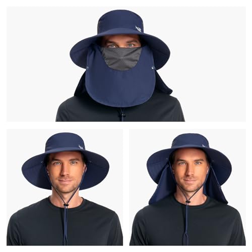 BASSDASH UPF 50+ Breathable Sun Hat with Removable Face Cover and Neck Flap Wide Brim Bucket Hat for Fishing Hiking Men Women - color: Dark Blue