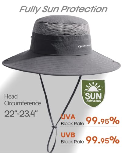 FURTALK Sun Hats for Men Women UPF Sun Protection Breathable Wide Brim | Nylon UV Protection, Breathable Adjustable, 2-in-1 Wide Brim, Packable Water-Resistant, Fishing Hiking Summer - color: Dark Grey