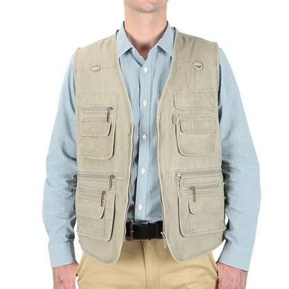 Men's Stone Washed Denim Multi-pocketed Fishing Work Outerwear Vest - color: Beige, size: Small